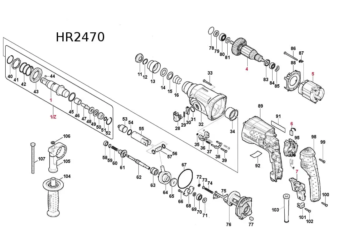Silnik i szczotki węglowe młotowiertarki Makita HR2470