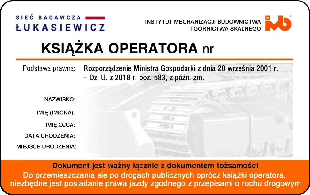 Logo Ł-IMBiGS, książeczka operatora maszyn roboczych